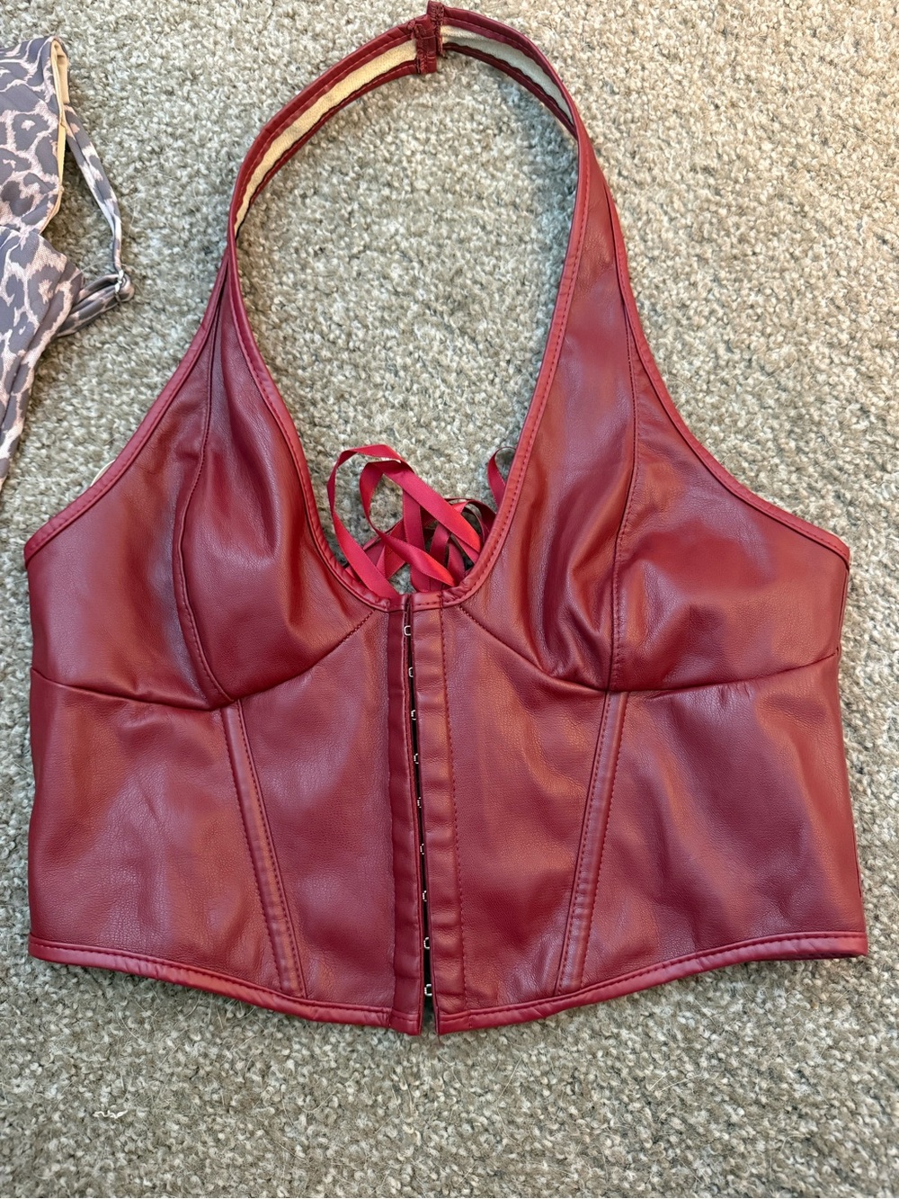 Women's Burgundy Faux Leather Halter Corset Top